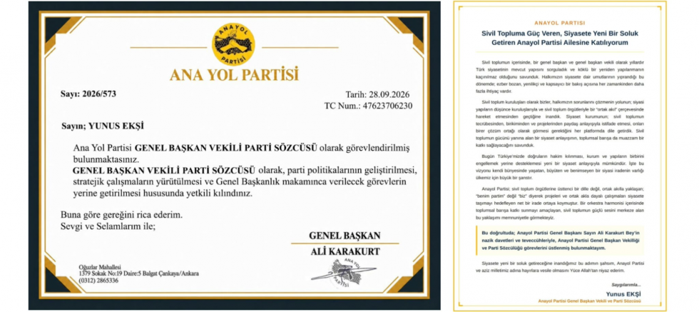 Ana Yol Partisi'nde Yunus Ekşi Görevlendirmesi: Genel Başkan Karakurt'tan 